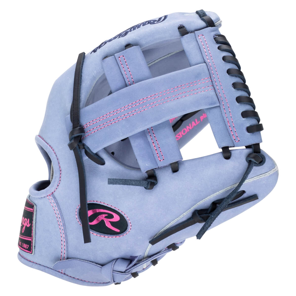 Side view of a light purple Rawlings baseball glove with pink stitching, a black Rawlings logo, and "Est. 1887" visible.