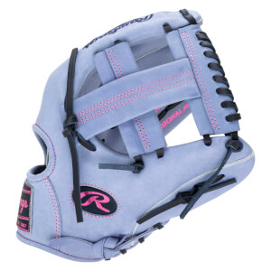 Side view of a light purple Rawlings baseball glove with pink stitching, a black Rawlings logo, and "Est. 1887" visible.