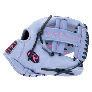 Side view of a light purple baseball glove with pink stitching and a black Rawlings logo.