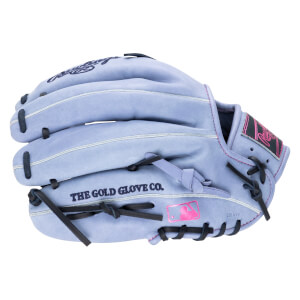 Front view of a light purple baseball glove with black lacing, "THE GOLD GLOVE CO." text, and a pink MLB logo.