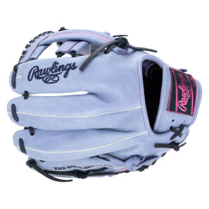 Front view of a light purple Rawlings baseball glove with pink stitching and a black Rawlings logo patch.