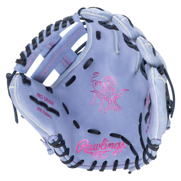 Top-down view of a light purple baseball glove with pink "Rawlings" logo and "Heart of the Hide" emblem.