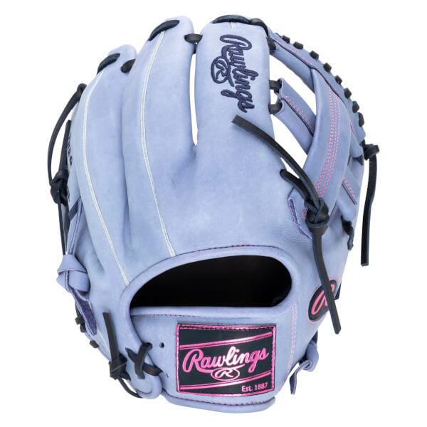 Top-down view of a light purple Rawlings baseball glove with pink stitching and a black Rawlings logo patch.