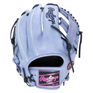 Top-down view of a light purple Rawlings baseball glove with pink stitching and a black Rawlings logo patch.