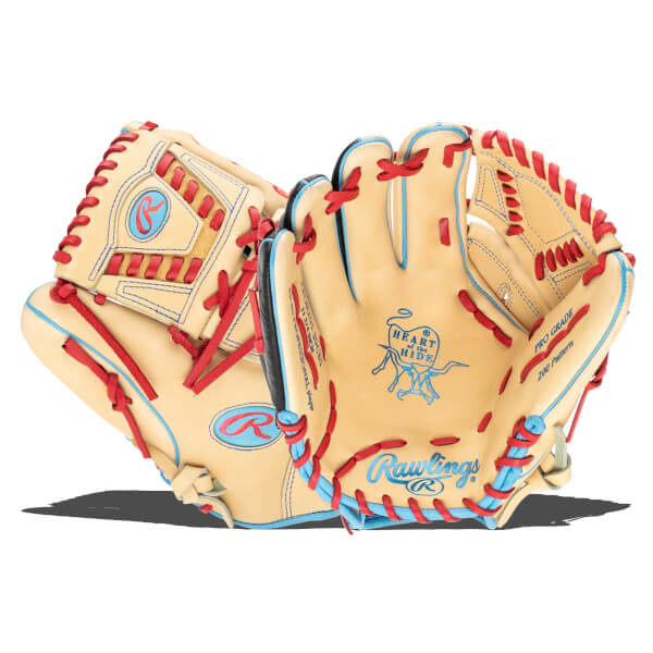 Front view of a tan Rawlings baseball glove with red and blue lacing, showing the "Heart of the Hide" logo.