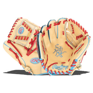 Front view of a tan Rawlings baseball glove with red and blue lacing, showing the "Heart of the Hide" logo.