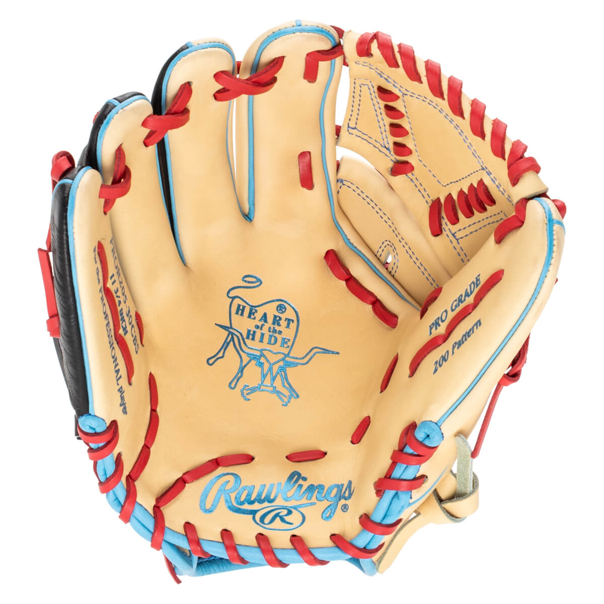 Top-down view of a tan Rawlings baseball glove with red and blue lacing, featuring the "Heart of the Hide" logo.