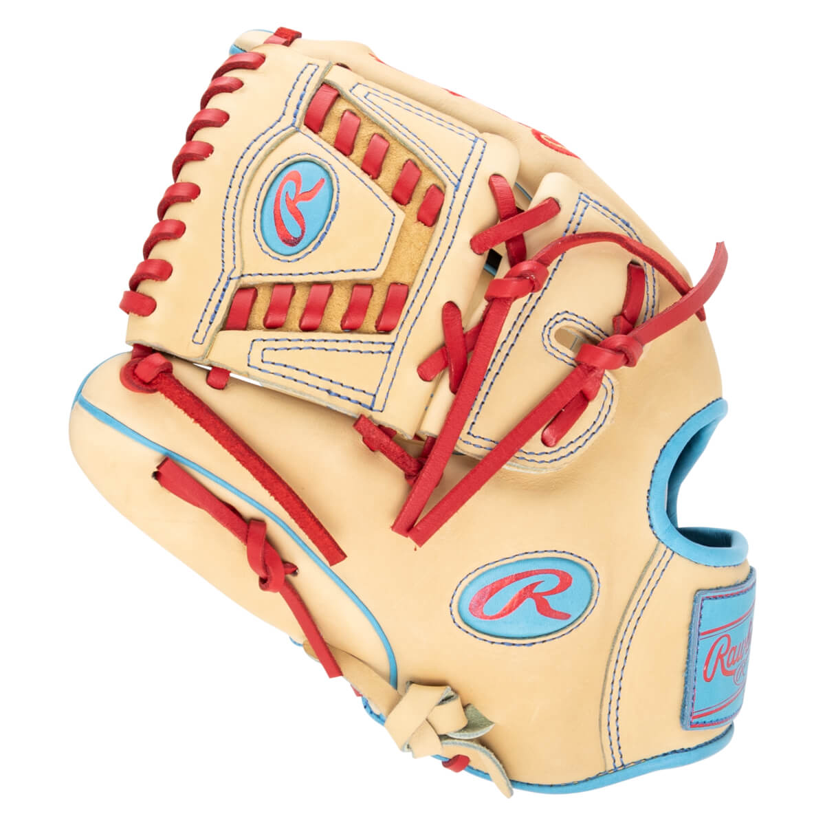 Close-up of a tan baseball glove with red lacing and blue trim, showing the Rawlings logo.