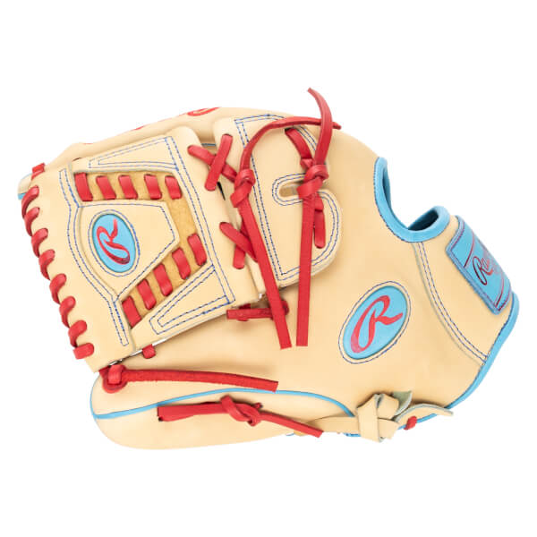Side view of a tan baseball glove with red lacing and blue trim, featuring a red "R" logo on a blue background.