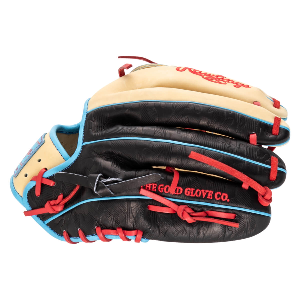 Side view of a black baseball glove with red lacing, blue trim, and "THE GOLD GLOVE CO." embroidered in red.