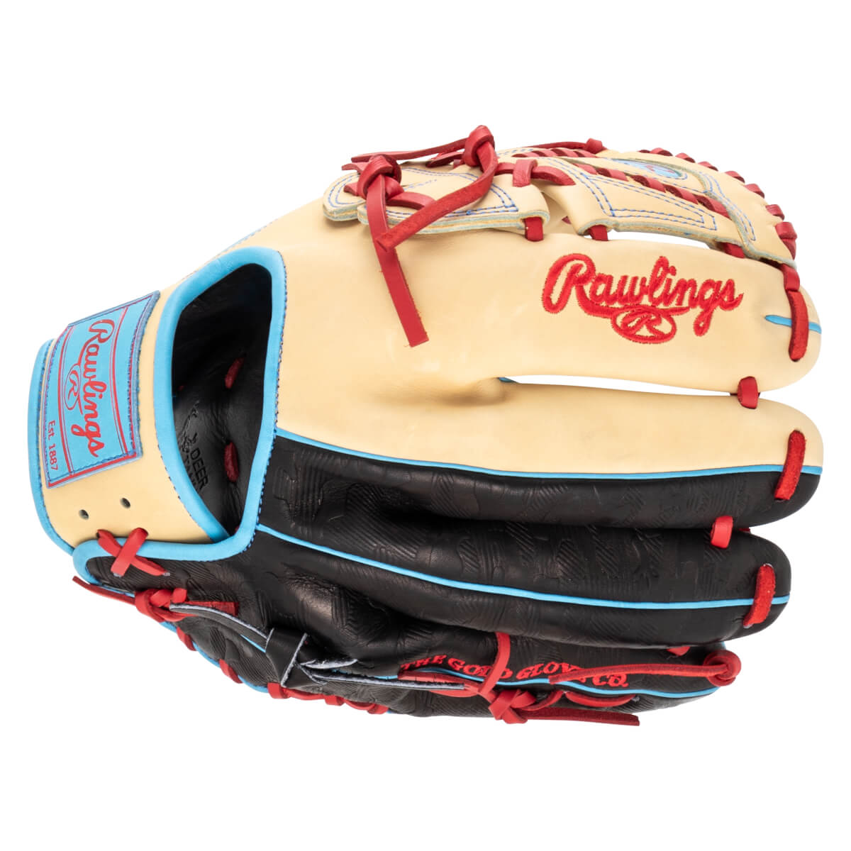 Side view of a Rawlings baseball glove with red lacing, a blue trim, and "Rawlings" embroidered in red.