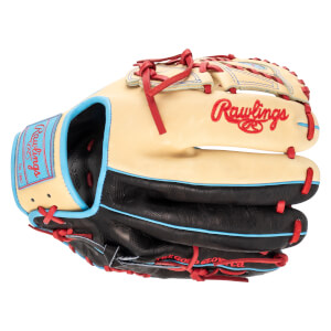 Side view of a Rawlings baseball glove with red lacing, a blue trim, and "Rawlings" embroidered in red.