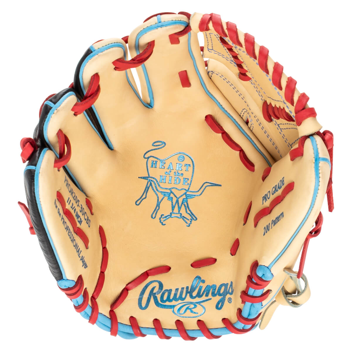 Top-down view of a Rawlings baseball glove with red and blue lacing, and "Heart of the Hide" logo.