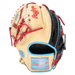 Front view of a Rawlings baseball glove with tan leather, black accents, and red lacing.