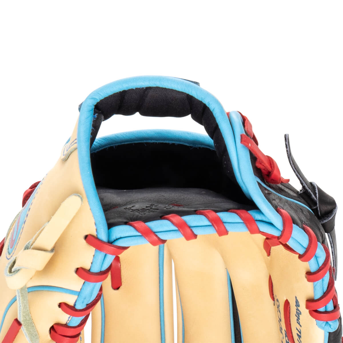 Close-up of a baseball glove showing tan leather, bright blue binding, and red lacing.