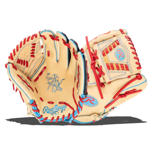 Top-down view of a tan baseball glove with red lacing and blue accents, showing the "Rawlings" logo and "Heart of the Hide" emblem.