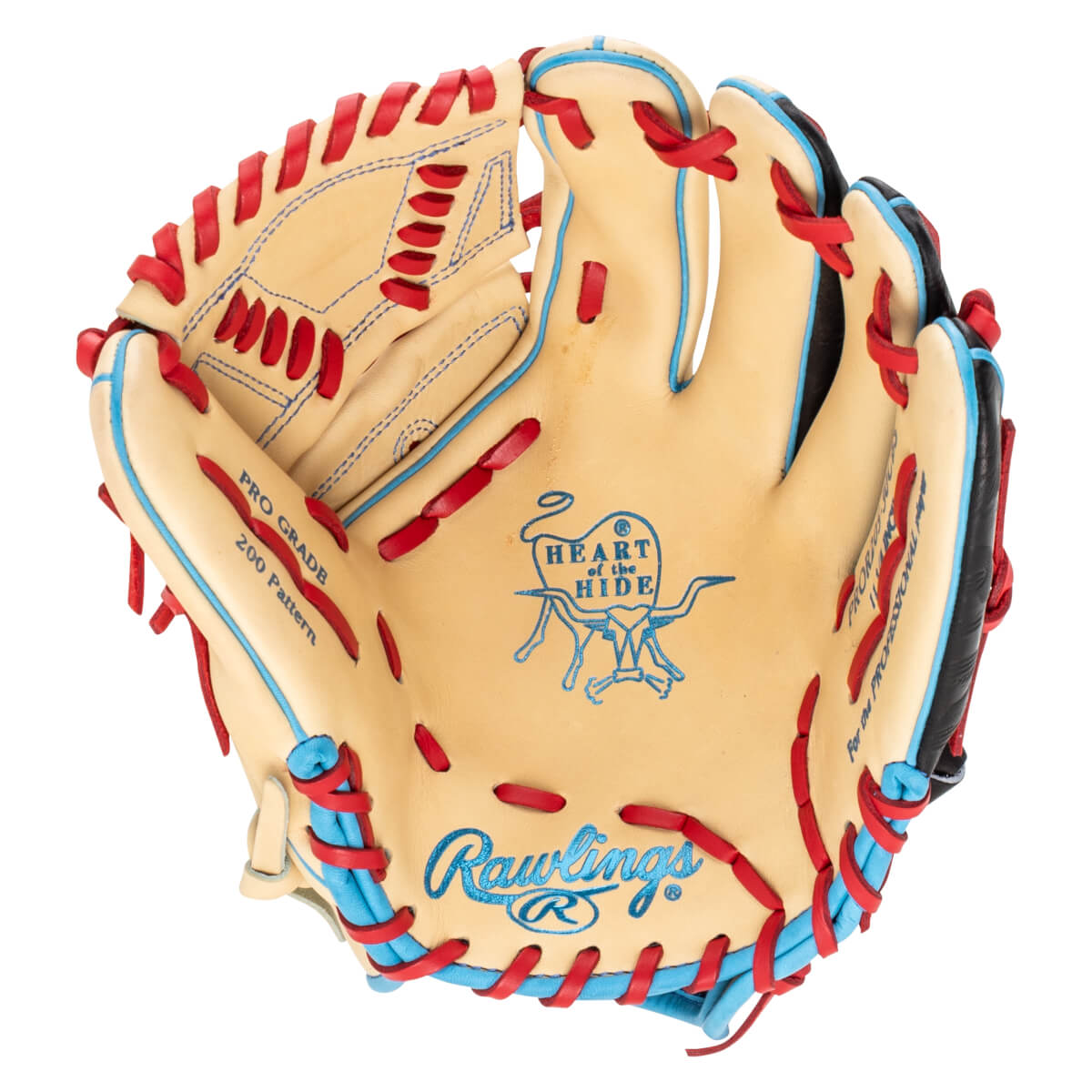 Top-down view of a Rawlings baseball glove with tan leather, red lacing, and blue trim.