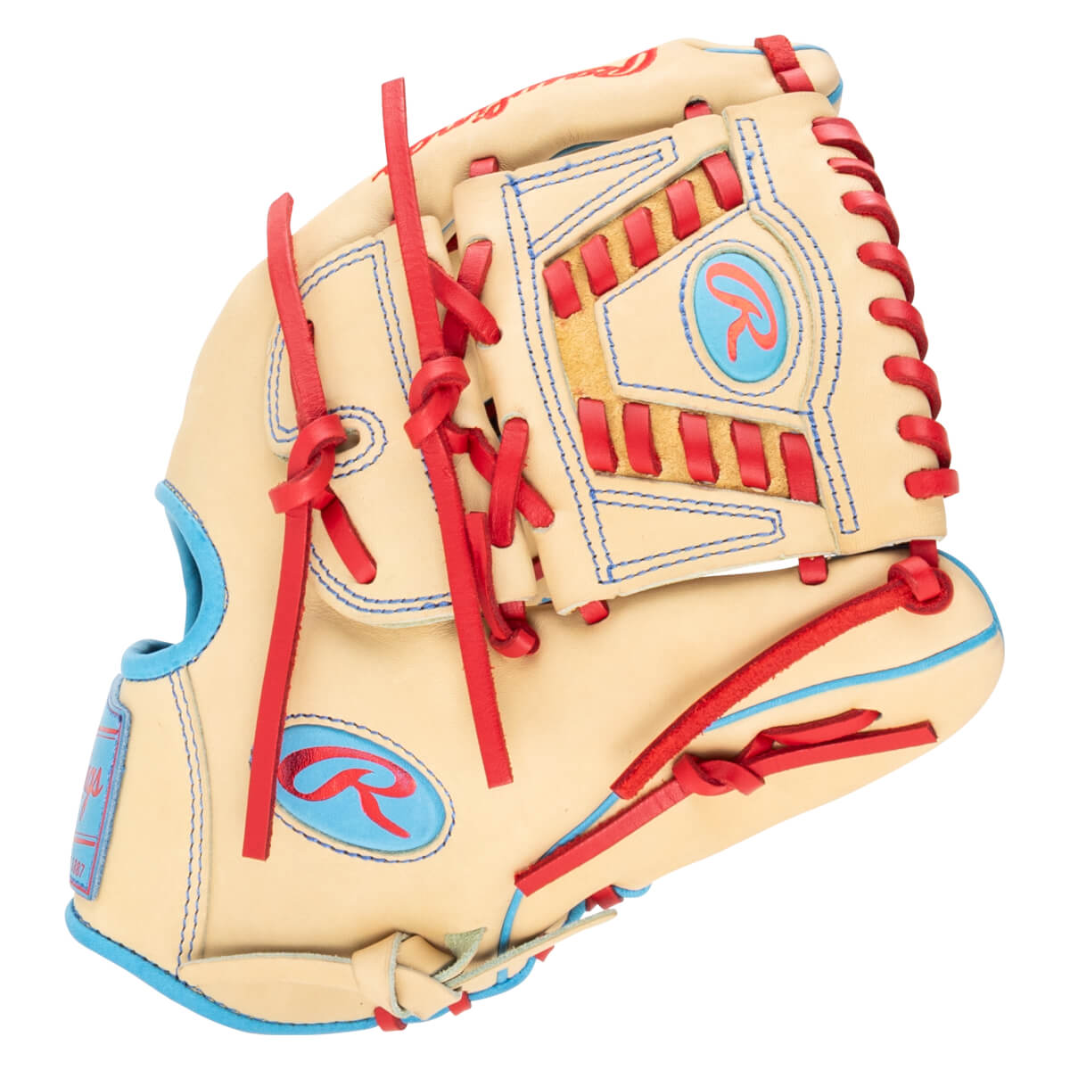 Top-down view of a tan baseball glove with red lacing and blue trim, featuring a red Rawlings logo.