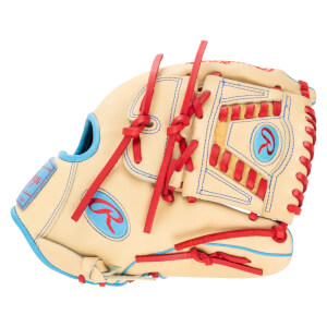 Side view of a tan baseball glove with red lacing, blue trim, and a red Rawlings logo.
