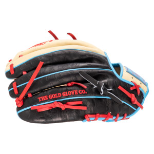 Side view of a black baseball glove with red lacing, blue trim, and "THE GOLD GLOVE CO." embroidered in red.