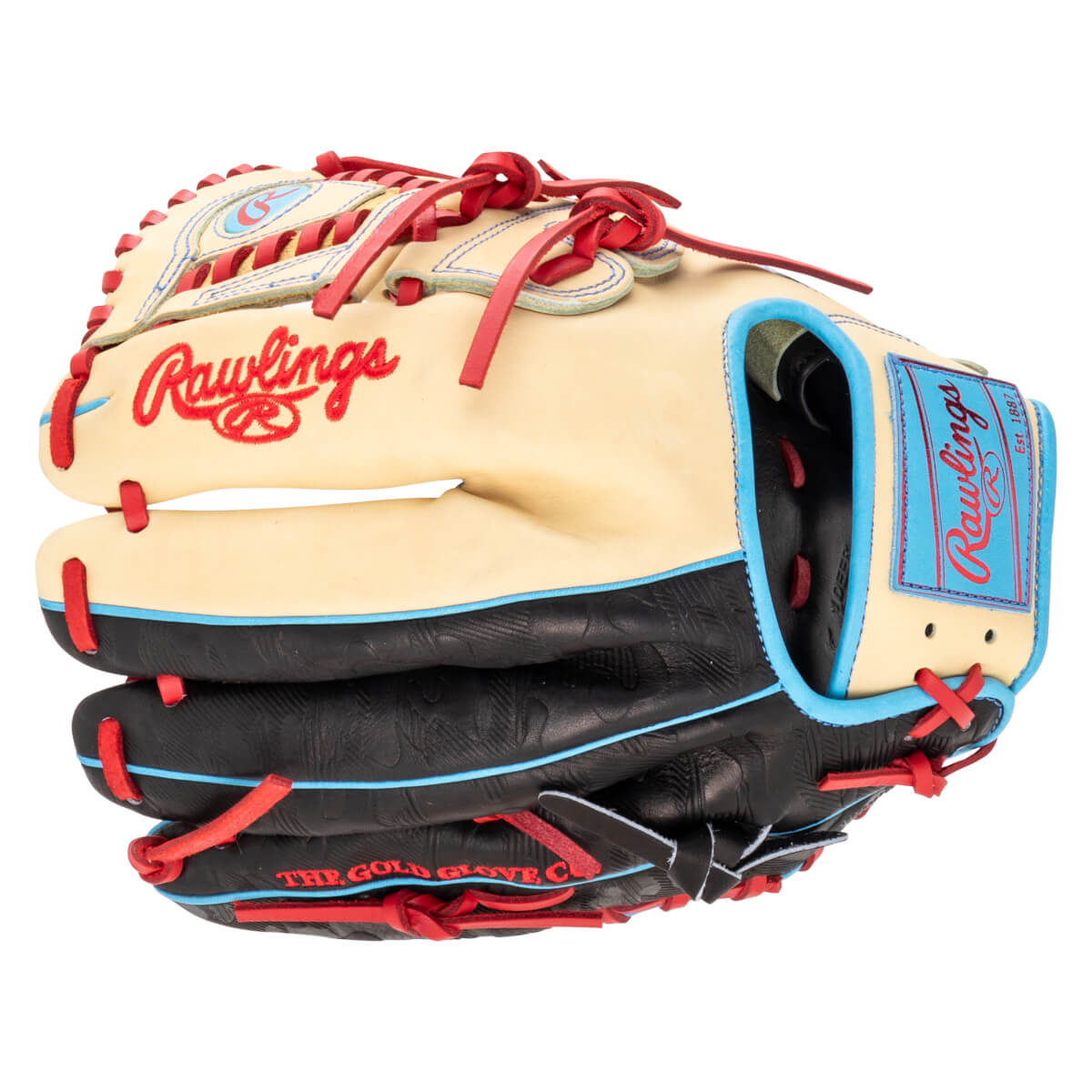 Front view of a Rawlings baseball glove with red lacing, a cream palm, and black textured finger stalls.