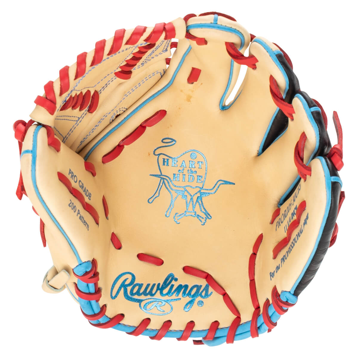 Top-down view of a Rawlings baseball glove with red and blue lacing, featuring the "Heart of the Hide" logo.