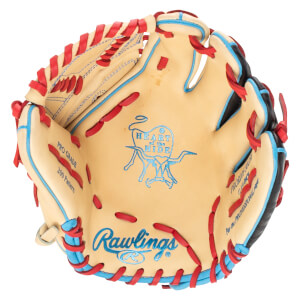Top-down view of a Rawlings baseball glove with red and blue lacing, featuring the "Heart of the Hide" logo.