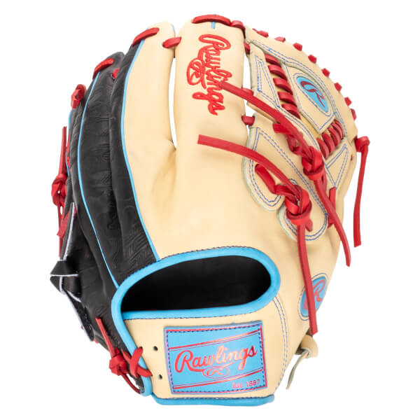 Front view of a baseball glove with tan, black, and blue accents, featuring red lacing and "Rawlings" branding.