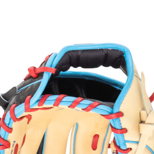 Close-up of a baseball glove showing tan leather, blue binding, and red lacing.