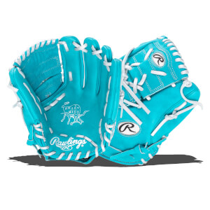 Front view of a teal Rawlings baseball glove with white stitching, showing the "Rawlings" logo and "Heart of the Hide" emblem.