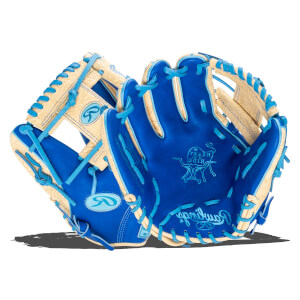 Front view of a blue baseball glove with tan accents, featuring a "Rawlings" script and a bull logo.