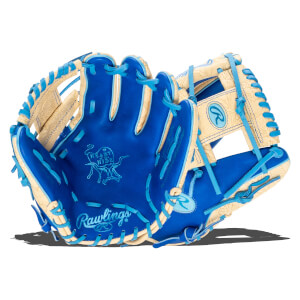 Front view of a blue Rawlings baseball glove with tan patterned accents and blue lacing.