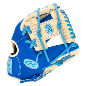 Front view of a blue baseball glove with tan accents, featuring a Rawlings logo and "Est. 1887" text.