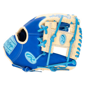 Side view of a blue Rawlings baseball glove with tan accents and a decorative pattern.