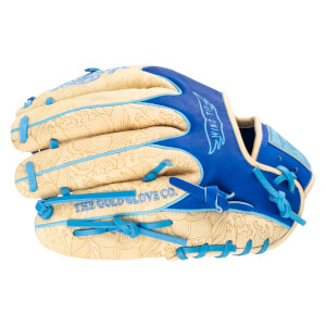 Side view of a tan baseball glove with blue lacing and embroidered text "THE GOLD GLOVE CO." and "WING TIP".