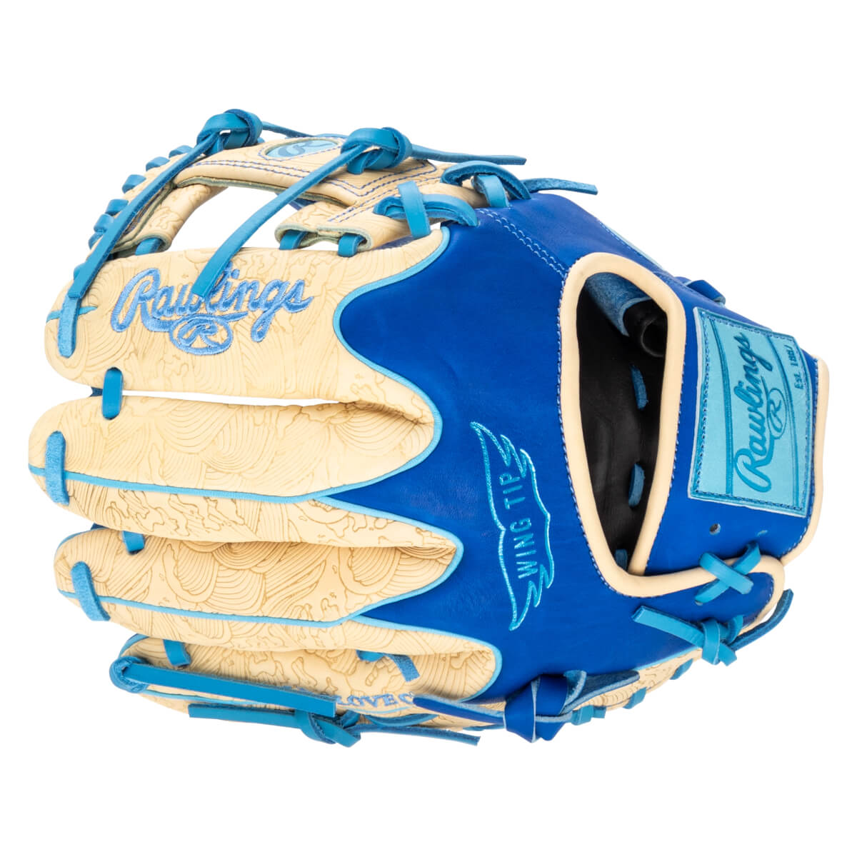 Top-down view of a blue and tan Rawlings baseball glove with "Rawlings" script and "Wing Tip" text.