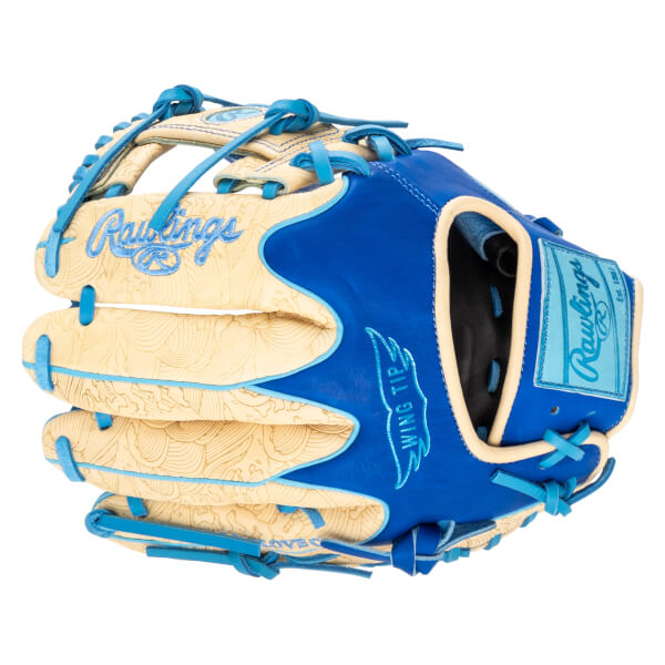 Top-down view of a blue and tan Rawlings baseball glove with "Rawlings" script and "Wing Tip" text.