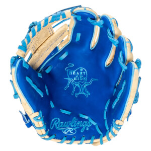 Top-down view of a blue Rawlings baseball glove with tan accents and "HEART OF THE HIDE" logo.