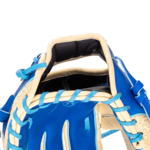 Close-up of a blue baseball glove showing tan lacing, a padded interior, and engraved tan accents.