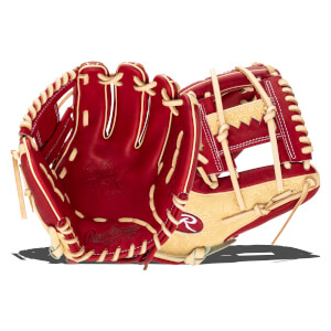 Interior view of a red Rawlings baseball glove showing the "Heart of the Hide" logo and "Rawlings" text.
