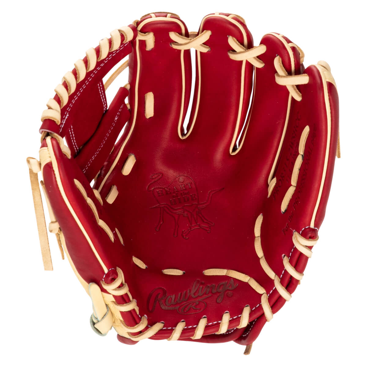 Top-down view of a red baseball glove with tan lacing and the Rawlings logo.