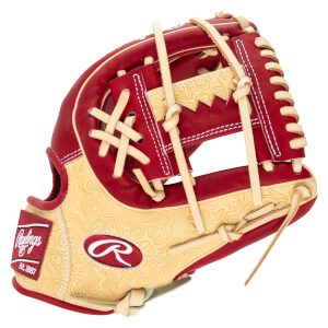 Side view of a red and tan baseball glove with a topographic pattern and Rawlings logo.