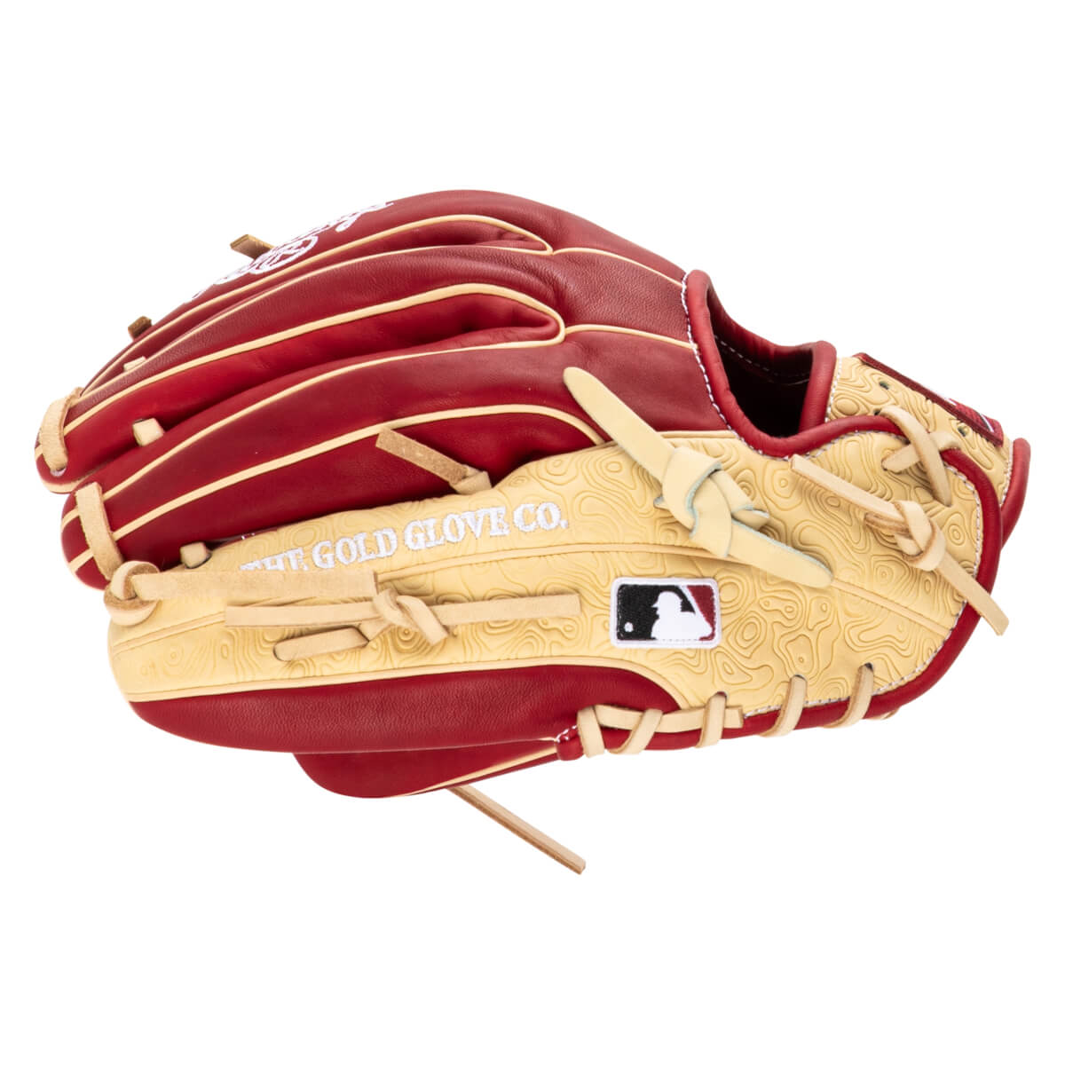 Side view of a red and tan baseball glove with "THE GOLD GLOVE CO." text and an MLB logo.
