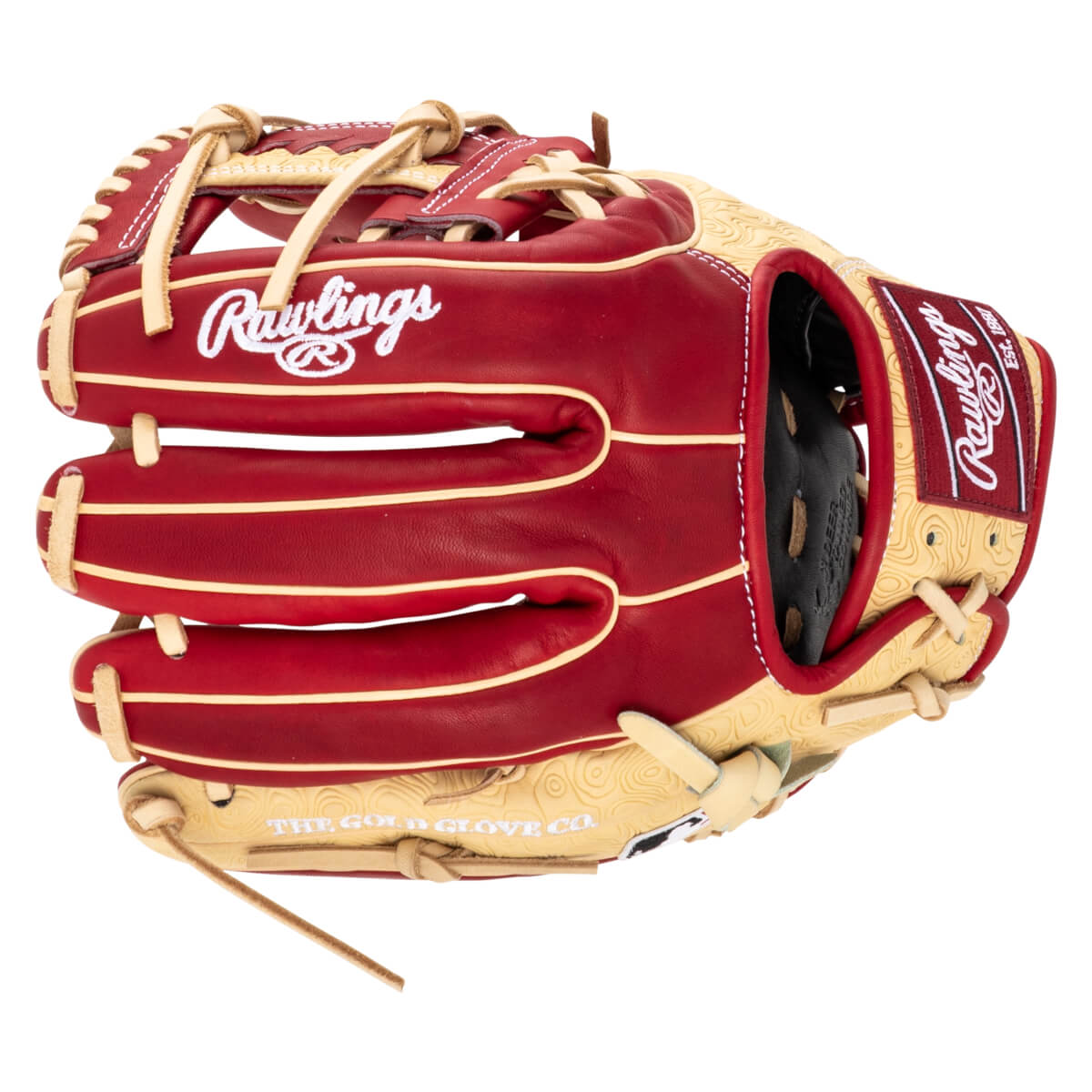 Top-down view of a red and tan Rawlings baseball glove with white stitching and "Rawlings" logo.