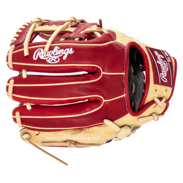 Top-down view of a red and tan Rawlings baseball glove with white stitching and "Rawlings" logo.