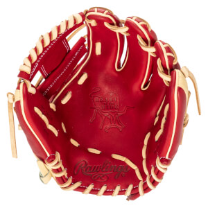 Top-down view of a red Rawlings baseball glove with tan lacing and a "Heart of the Hide" logo.