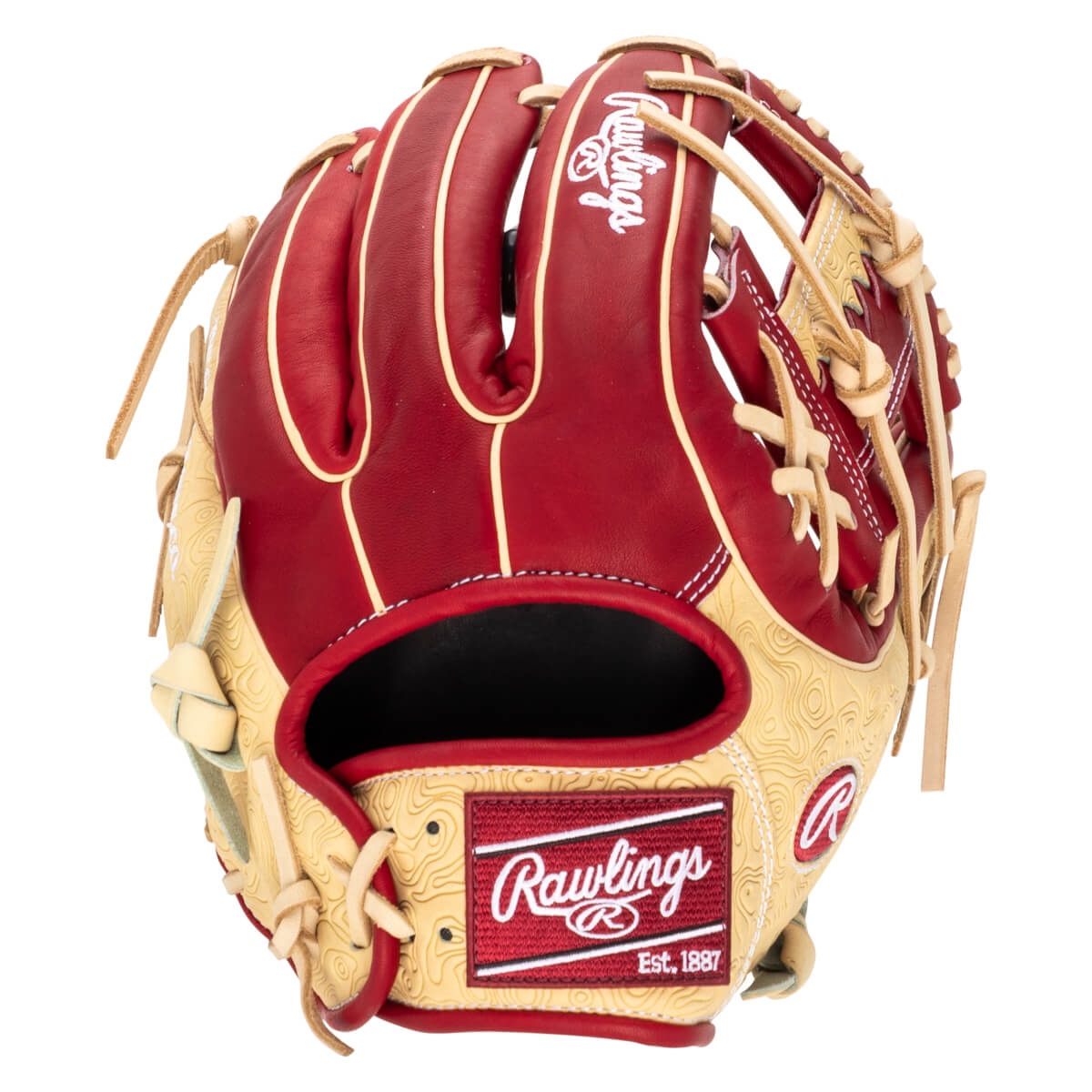 Front view of a red and tan Rawlings baseball glove with a textured pattern and "Rawlings Est. 1887" logo.