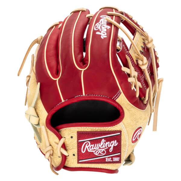 Front view of a red and tan Rawlings baseball glove with a textured pattern and "Rawlings Est. 1887" logo.