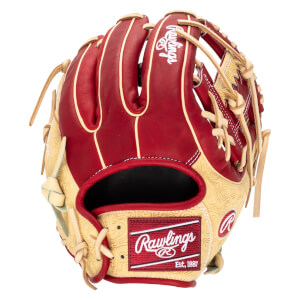 Front view of a red and tan Rawlings baseball glove with a textured pattern and "Rawlings Est. 1887" logo.
