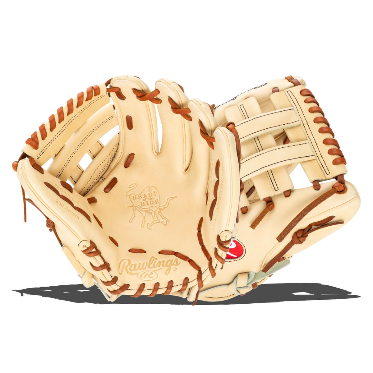 Front view of a tan Rawlings baseball glove with brown lacing and the "Heart of the Hide" logo.